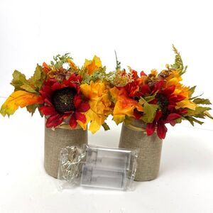 Set Of 2 Faux Fall Flowers In Burlap Container With 20 LED Lights